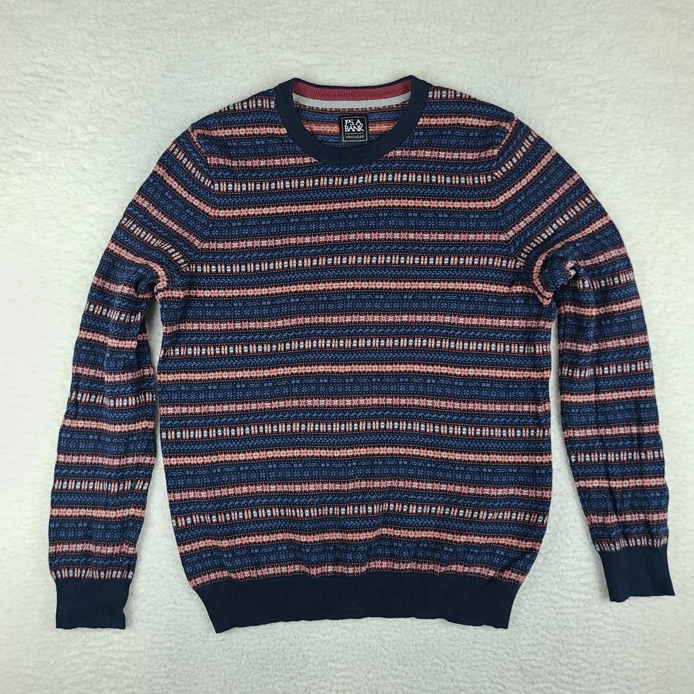 Jos A Bank Traveler Sweater Mens Large Blue Orange Striped Crewneck Pima Cotton